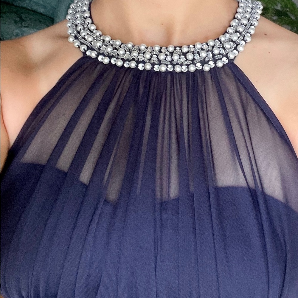 NWOT Formal dress navy blue speechless pearl beads sequins chiffon